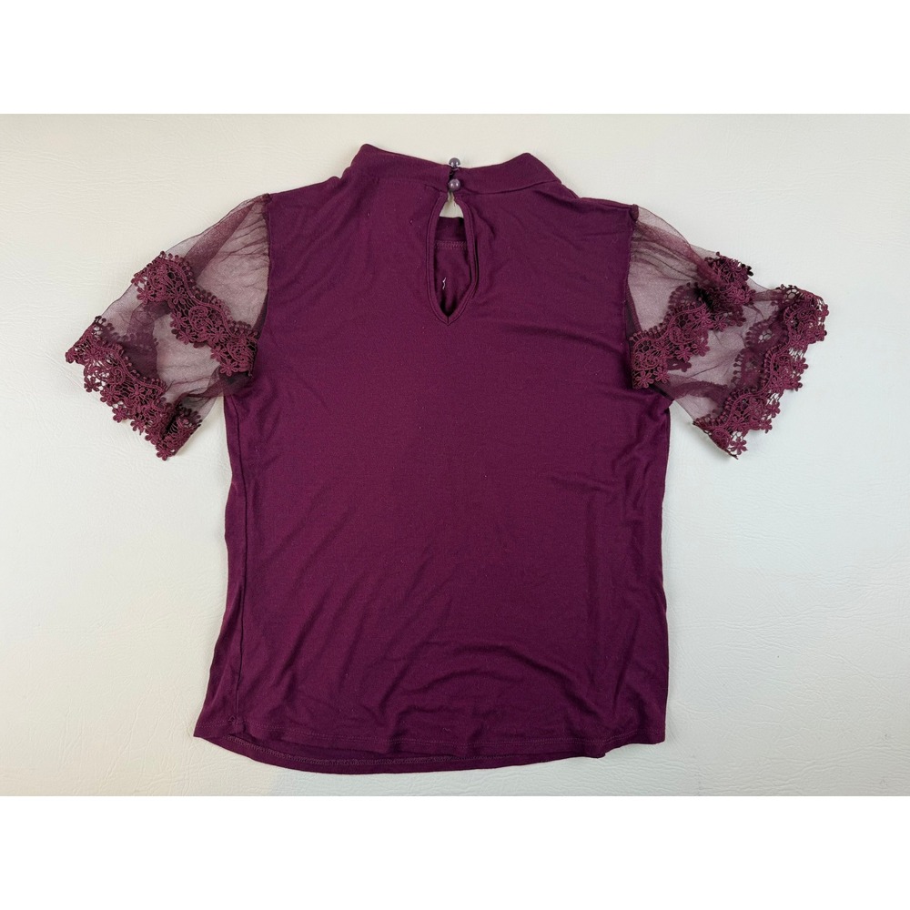 Romantic Lace Mesh Sleeve Top Rayon Plum Mock Neck Medium Willow - Picture 2 of 6